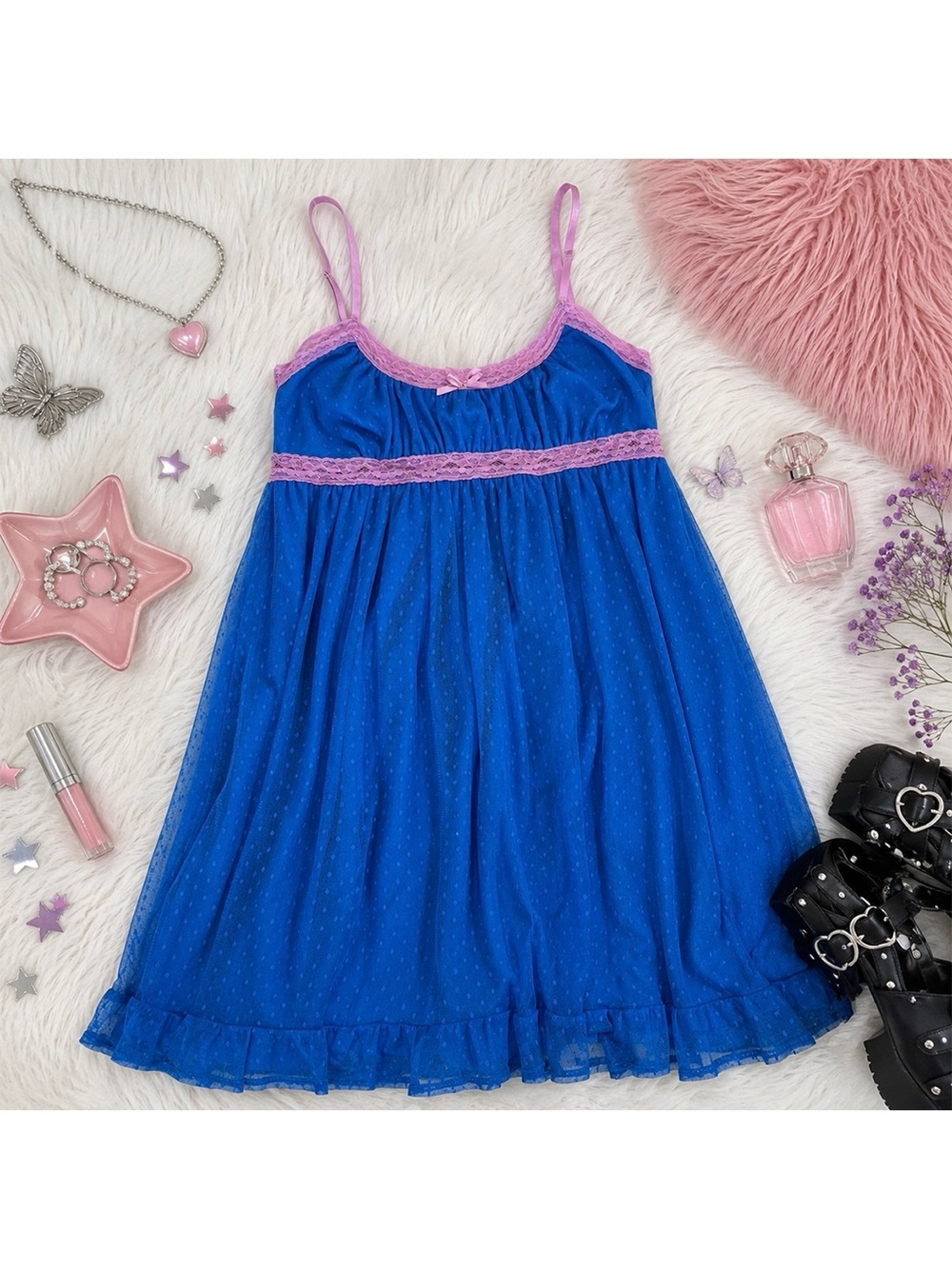 Urban Outfitters Blue Mesh Babydoll Dress Pink Lace Coquette Fairycore XS